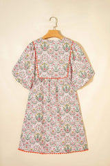 Pink Floral Print Tassel Tie V Neck Scalloped Detail Loose Mini Dress