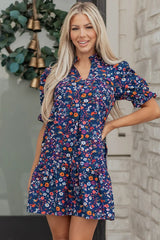Blue Wild Daisy Floral Split Neck Short Puff Sleeve Mini Dress