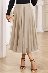 Apricot Tulle Mesh Overlay Flared Midi Skirt