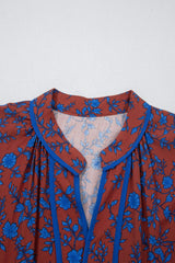 Brown 3/4 Puff Sleeve Tiered Loose Floral Dress