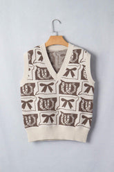 Brown Western Horseshoe Bow Printed V Neck Loose Sweater Vest