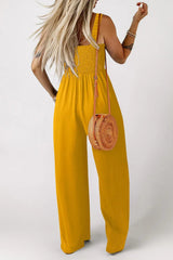 Ginger Smocked Sleeveless Wide Leg Jumpsuit with Pockets