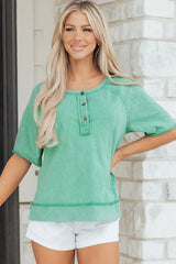 Mint Green Half Buttons Raw Seam Raglan Sleeve Mineral Wash T Shirt