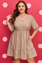 Dark Khaki Plus Size Textured Ruffled Short Sleeve Dress