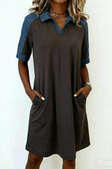 Carbon Grey Color Block Denim Patchwork Polo Collar T Shirt Shift Dress