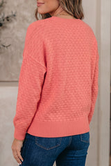 Coral Paradise Drop Shoulder Ribbed Knit Sweater Regular Length Long Sleeve Pullover