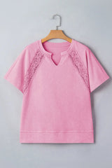 Pink Raw Cut Notched Neck Lace Patchwork Detail Mineral Wash Tee