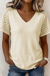 Beige Lace Splicing Button Cutout V Neck Waffle Knit Blouse