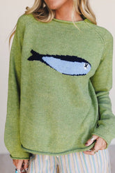 Meadow Mist Green Unique Fish Knit Oversized Round Neck Sweater