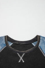 Carbon Grey Waffle Knit Seam Detail Color Block Patchwork Short Sleeve Top