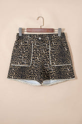 Khaki Contrast Scalloped Lace Trim Leopard Denim Shorts