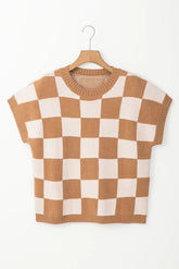 Light French Beige Colorblock Plaid Pattern Ribbed Trim Sweater Tank Top
