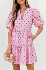 Pink Polka Dot Print V Neck Short Sleeve Tiered Mini Dress
