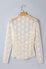 Jet Stream Sheer Floral Mesh Ruched Long Sleeve Top