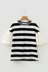 Black Stripe Floral Print Puff Sleeve Patchwork Blouse