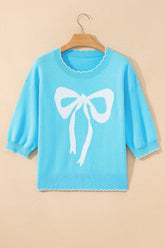 Light Blue Big Ribbon Bow Print Contrast Stitch Trim Drop Shoulder Sweater
