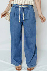 Dusk Blue Lace-up Pull on Wide Leg Jeans