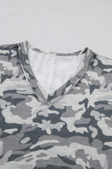 Green Retro Camouflage Print Raw Edge V Neck Tee