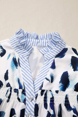 Beige Abstract Animal Print Striped Ruffle Trim V Neck Blouse