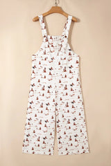 Beige Western Printed Button Adjustable Straps Loose Jumpsuit Dungarees