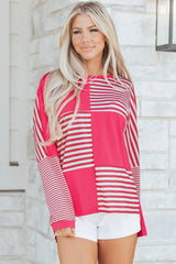 Pink Stripe Color Block Patchwork Drop Shoulder Long Sleeve Tunic Top