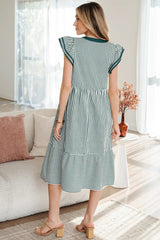Green Stripe Double Ruffled Short Sleeve Contrast Trim V Neck Midi Dress