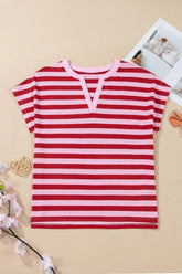 Pink Stripe Split V Neck Casual T Shirt