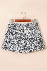 Khaki Leopard Print Tassel Drawstring Casual Denim Skort