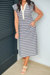 Blue Stripe Ruffled Short Sleeve Contrast Trim Button Notched Neck Midi Dress