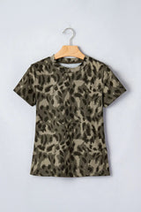 Brown Retro Leopard Print Mock Neck Slim Tee