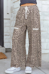 Khaki Animal Print Wide Leg Terry Knit Pants