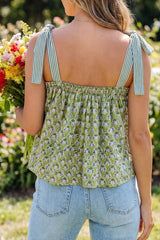 Green Fashion Printed Knot Straps Babydoll Tank Top
