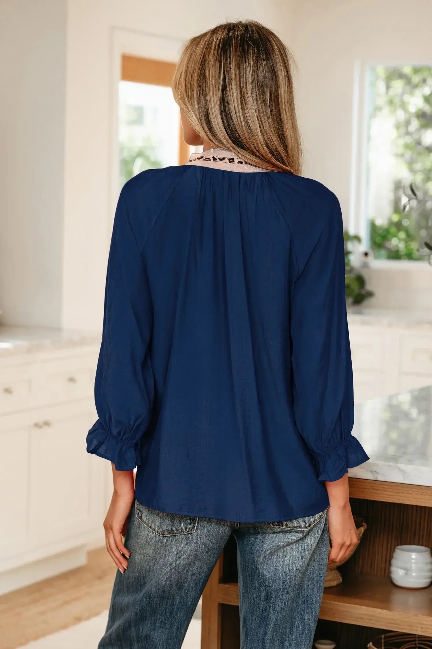 Dirty blue Leopard Trim V Neck Flounced Bracelet Sleeve Blouse