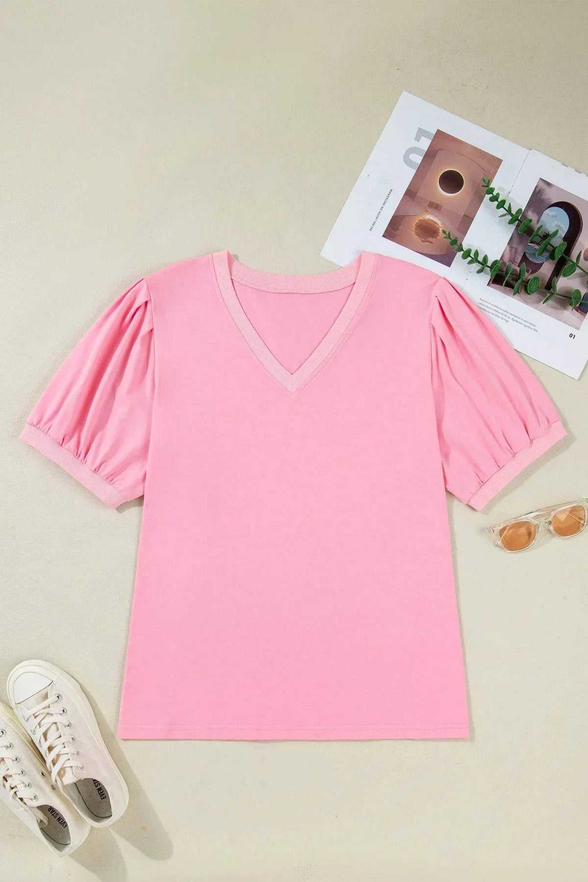 Bonbon V Neck Pleated Short Puff Sleeve Plus Size Blouse