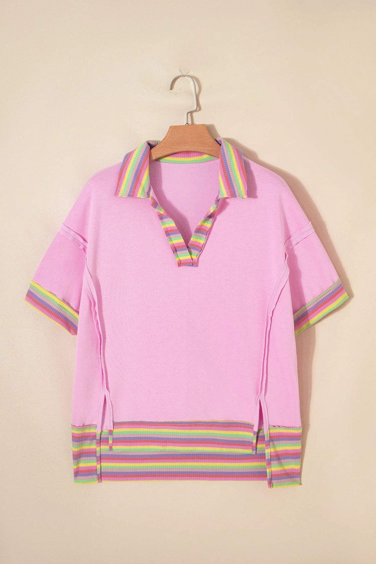 Pink Rainbow Stripe Ribbed Patchwork Raw Seam Oversize Polo Tee