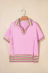 Pink Rainbow Stripe Ribbed Patchwork Raw Seam Oversize Polo Tee