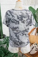Gray Camouflage Print Round Neck T Shirt