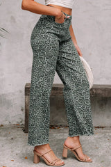 Gray Leopard Frayed Edge Wide Leg High Waist Jeans