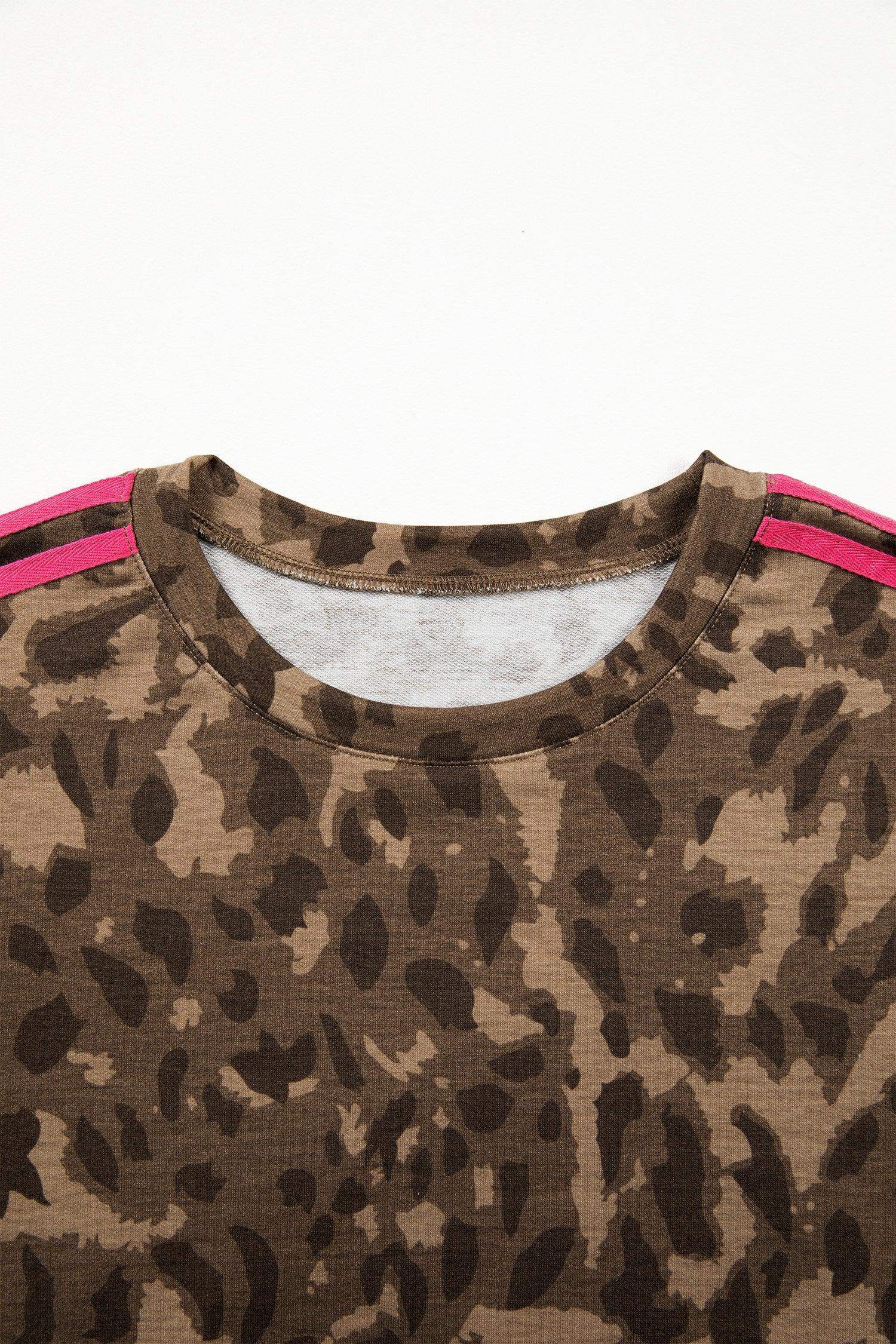 Brown Loose Contrast Striped Accent Leopard T Shirt Mini Dress with Pockets