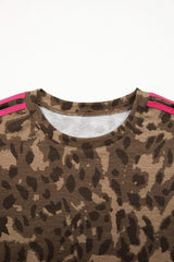 Brown Loose Contrast Striped Accent Leopard T Shirt Mini Dress with Pockets
