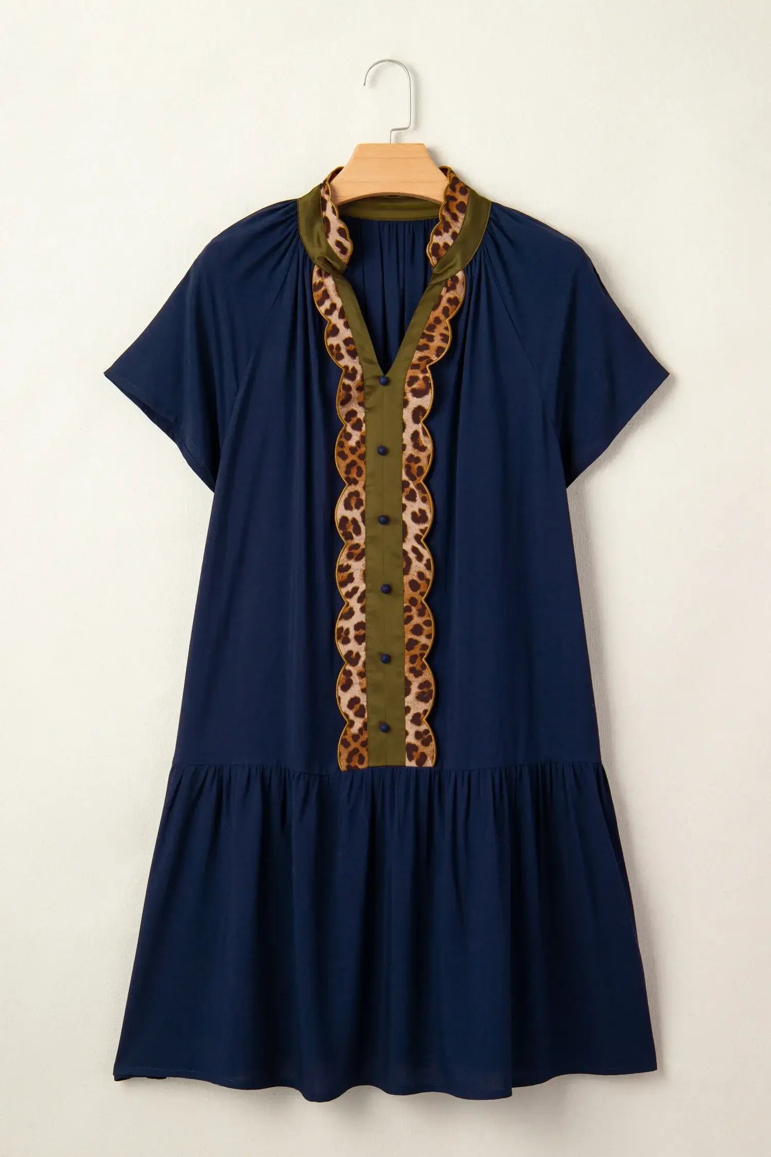Navy Blue Button Detail Leopard Metallic Trim Short Sleeve Tunic Dress