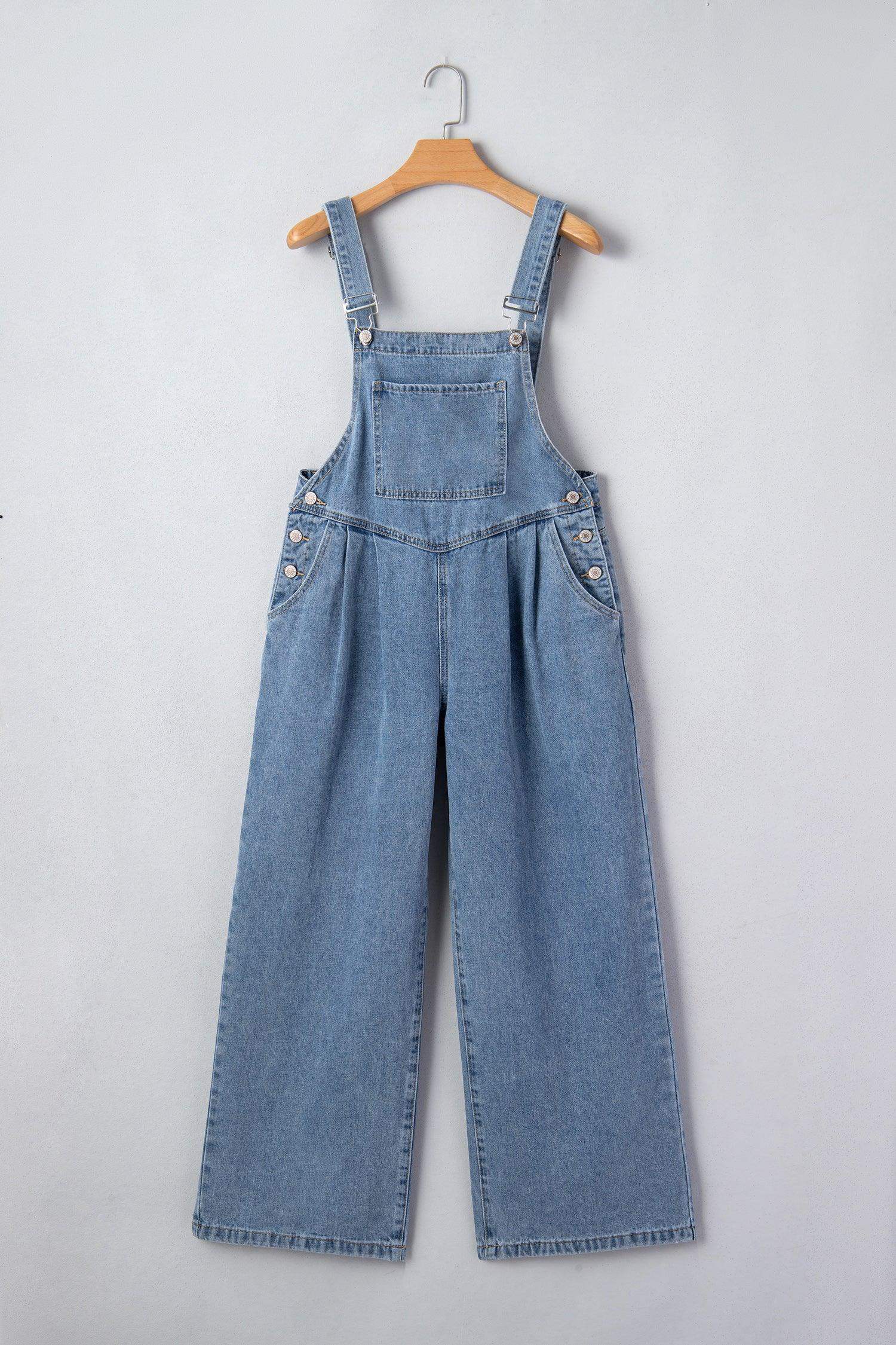 Dusk Blue Pleated Wide Leg Retro Pocketed Denim Jumpsuit