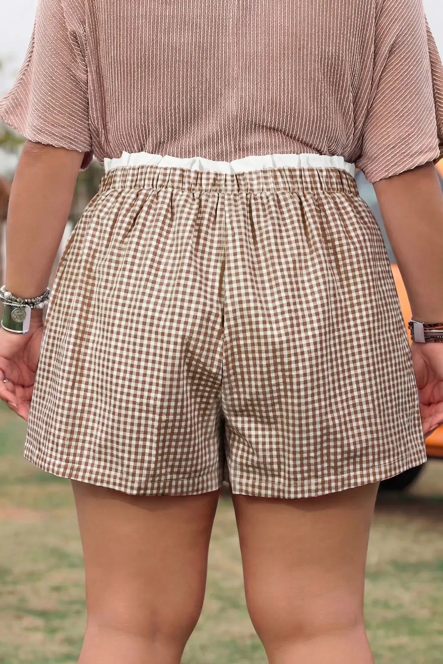 Red Contrast Trim Plaid Print Plus Size Shorts