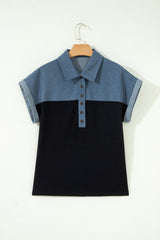 Black Color Block Denim Patchwork Button Polo Collar Short Sleeve Top