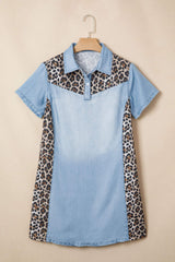 Myosotis Denim Color Block Leopard Patchwork Shirt Collar T Shirt Mini Dress