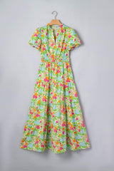 Green Floral Print V Neck Short Puff Sleeve Cotton Maxi Dress