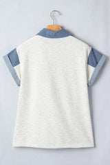 Light Grey Denim Color Block Patchwork Shirt Collar Short Sleeve Blouse