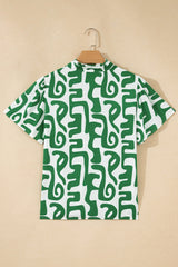 Green Abstract Print Striped Trim V Neck Short Sleeve Blouse