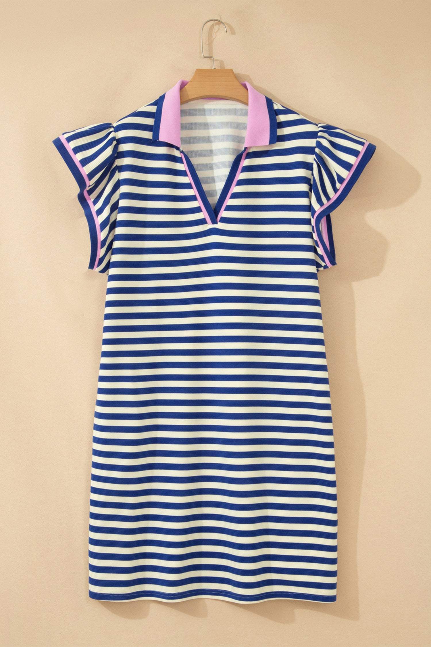 Dark Blue Striped Shift Dress Colorblock V Neck Short Sleeve Casual Summer