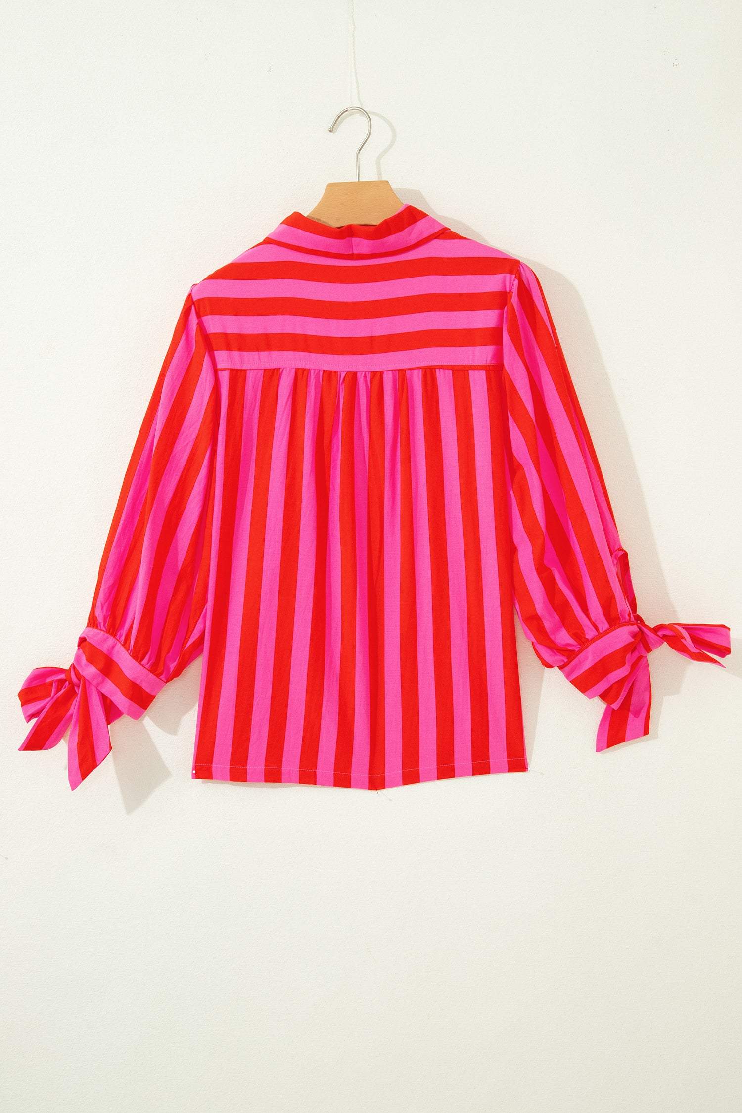 Red Stripe Tie Puff Sleeve Womens Button Down Shirt